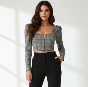 Forever 21 Plaid Puff Sleeve Zip Crop Top S